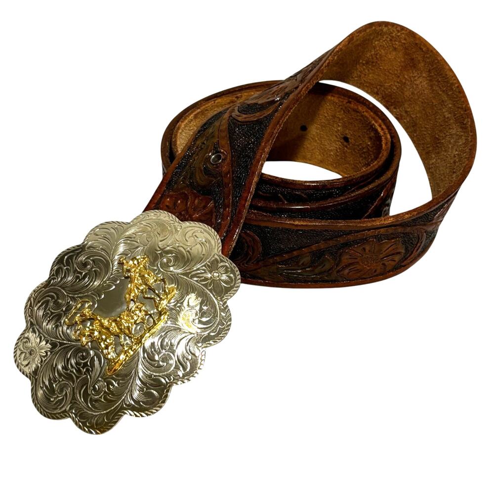 Vintage Montana Silversmiths Statement Buckle & Hand Tooled Brown Leather Belt